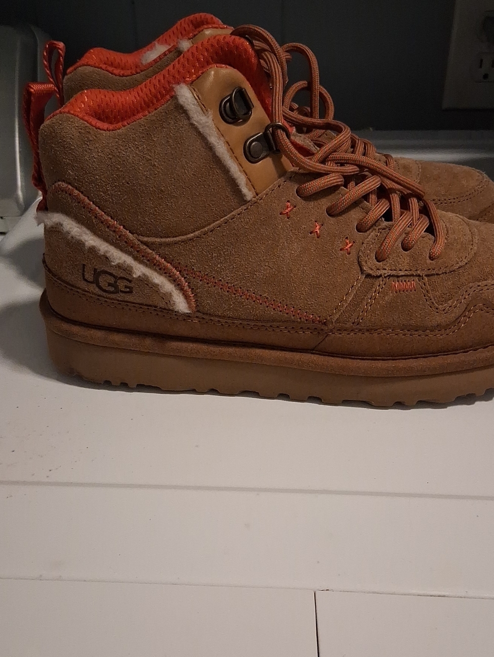 UGG Womens Brown Suede Mid-Top Boots with Orange Trim